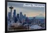 Seattle, Washington - Skyline and Rainier Sunrise-Lantern Press-Framed Art Print