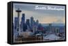 Seattle, Washington - Skyline and Rainier Sunrise-Lantern Press-Framed Stretched Canvas