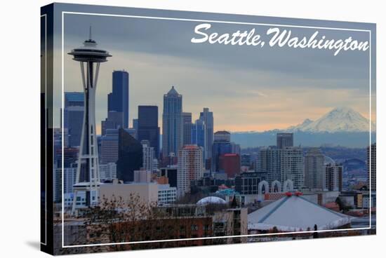 Seattle, Washington - Skyline and Rainier Sunrise-Lantern Press-Stretched Canvas