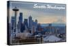 Seattle, Washington - Skyline and Rainier Sunrise-Lantern Press-Stretched Canvas