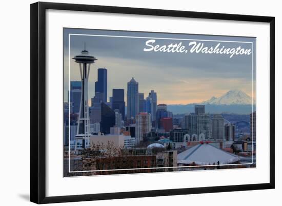 Seattle, Washington - Skyline and Rainier Sunrise-Lantern Press-Framed Art Print