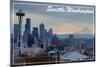 Seattle, Washington - Skyline and Rainier Sunrise-Lantern Press-Mounted Art Print