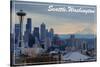 Seattle, Washington - Skyline and Rainier Sunrise-Lantern Press-Stretched Canvas