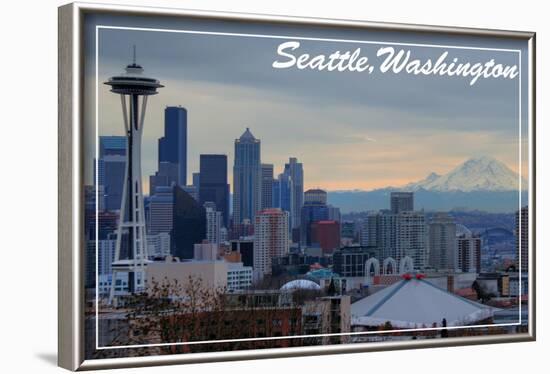 Seattle, Washington - Skyline and Rainier Sunrise-Lantern Press-Framed Art Print