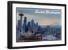 Seattle, Washington - Skyline and Rainier Sunrise-Lantern Press-Framed Art Print