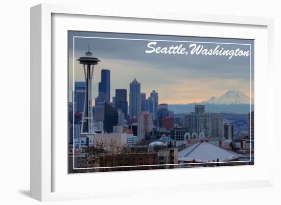 Seattle, Washington - Skyline and Rainier Sunrise-Lantern Press-Framed Art Print