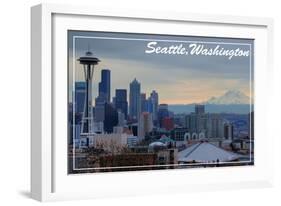 Seattle, Washington - Skyline and Rainier Sunrise-Lantern Press-Framed Art Print