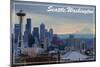 Seattle, Washington - Skyline and Rainier Sunrise-Lantern Press-Mounted Art Print