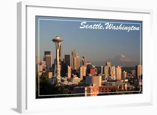 Seattle, Washington - Skyline and Rainier-Lantern Press-Framed Art Print