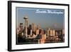 Seattle, Washington - Skyline and Rainier-Lantern Press-Framed Art Print