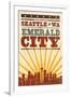 Seattle, Washington - Skyline and Sunburst Screenprint Style-Lantern Press-Framed Art Print