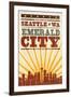 Seattle, Washington - Skyline and Sunburst Screenprint Style-Lantern Press-Framed Art Print