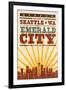 Seattle, Washington - Skyline and Sunburst Screenprint Style-Lantern Press-Framed Art Print