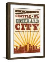 Seattle, Washington - Skyline and Sunburst Screenprint Style-Lantern Press-Framed Art Print