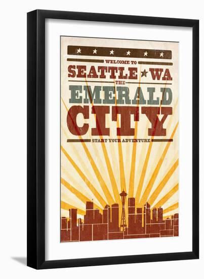 Seattle, Washington - Skyline and Sunburst Screenprint Style-Lantern Press-Framed Art Print