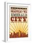 Seattle, Washington - Skyline and Sunburst Screenprint Style-Lantern Press-Framed Art Print