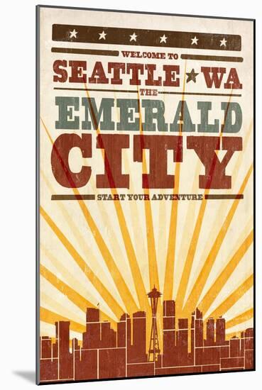 Seattle, Washington - Skyline and Sunburst Screenprint Style-Lantern Press-Mounted Art Print