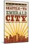 Seattle, Washington - Skyline and Sunburst Screenprint Style-Lantern Press-Mounted Art Print