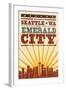 Seattle, Washington - Skyline and Sunburst Screenprint Style-Lantern Press-Framed Art Print