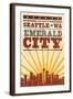 Seattle, Washington - Skyline and Sunburst Screenprint Style-Lantern Press-Framed Art Print