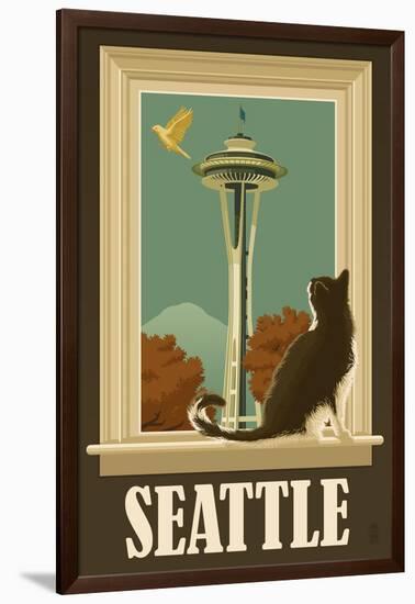 Seattle, Washington - Space Needle and Cat Window-Lantern Press-Framed Art Print