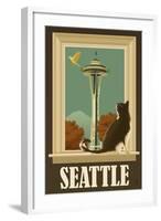 Seattle, Washington - Space Needle and Cat Window-Lantern Press-Framed Art Print