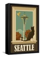 Seattle, Washington - Space Needle and Cat Window-Lantern Press-Framed Stretched Canvas