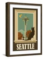 Seattle, Washington - Space Needle and Cat Window-Lantern Press-Framed Art Print