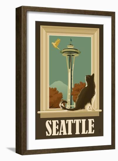 Seattle, Washington - Space Needle and Cat Window-Lantern Press-Framed Art Print