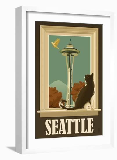 Seattle, Washington - Space Needle and Cat Window-Lantern Press-Framed Art Print