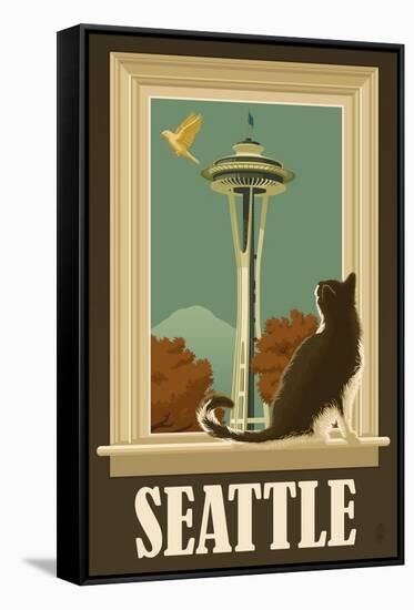 Seattle, Washington - Space Needle and Cat Window-Lantern Press-Framed Stretched Canvas