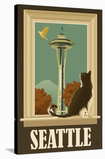 Seattle, Washington - Space Needle and Cat Window-Lantern Press-Stretched Canvas