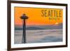 Seattle, Washington - Space Needle and Foggy Sunset-Lantern Press-Framed Art Print