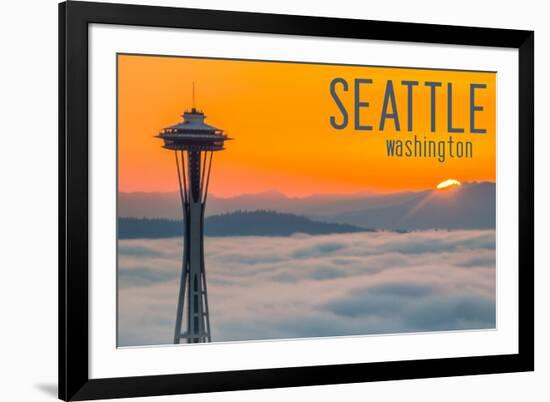 Seattle, Washington - Space Needle and Foggy Sunset-Lantern Press-Framed Art Print