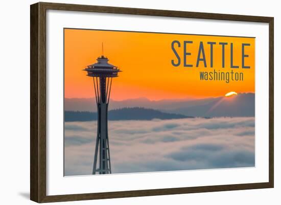 Seattle, Washington - Space Needle and Foggy Sunset-Lantern Press-Framed Art Print