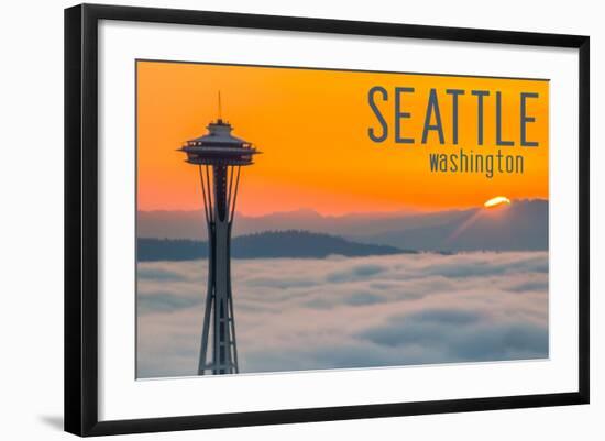 Seattle, Washington - Space Needle and Foggy Sunset-Lantern Press-Framed Art Print