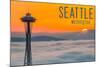Seattle, Washington - Space Needle and Foggy Sunset-Lantern Press-Mounted Art Print