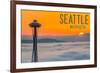Seattle, Washington - Space Needle and Foggy Sunset-Lantern Press-Framed Premium Giclee Print