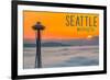 Seattle, Washington - Space Needle and Foggy Sunset-Lantern Press-Framed Premium Giclee Print