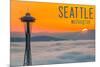 Seattle, Washington - Space Needle and Foggy Sunset-Lantern Press-Mounted Premium Giclee Print