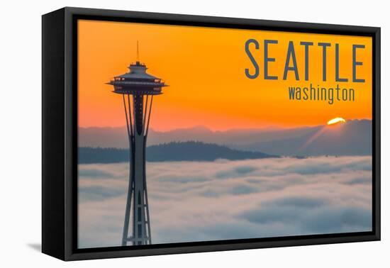 Seattle, Washington - Space Needle and Foggy Sunset-Lantern Press-Framed Stretched Canvas
