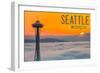 Seattle, Washington - Space Needle and Foggy Sunset-Lantern Press-Framed Art Print