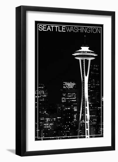 Seattle, Washington - Space Needle and Skyline at Night-Lantern Press-Framed Art Print