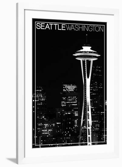 Seattle, Washington - Space Needle and Skyline at Night-Lantern Press-Framed Art Print