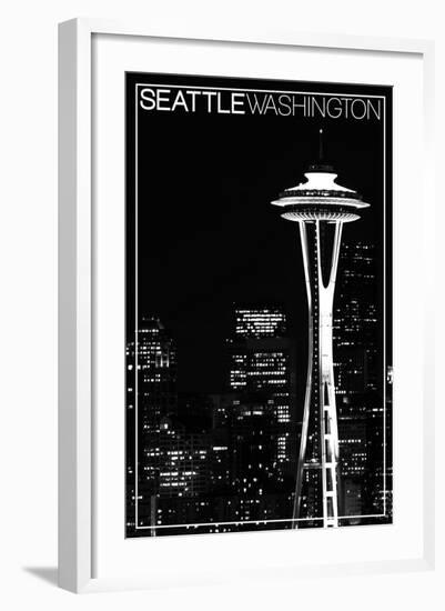 Seattle, Washington - Space Needle and Skyline at Night-Lantern Press-Framed Art Print