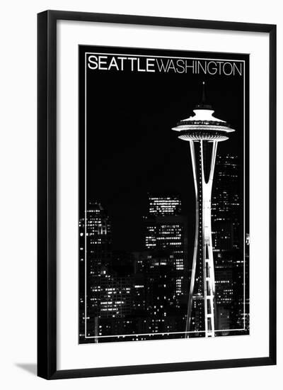 Seattle, Washington - Space Needle and Skyline at Night-Lantern Press-Framed Art Print