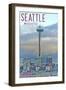 Seattle, Washington - Space Needle and Waterfront Piers-Lantern Press-Framed Art Print