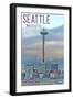 Seattle, Washington - Space Needle and Waterfront Piers-Lantern Press-Framed Art Print