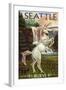 Seattle, Washington - Unicorn Scene-Lantern Press-Framed Art Print