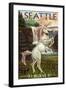 Seattle, Washington - Unicorn Scene-Lantern Press-Framed Art Print